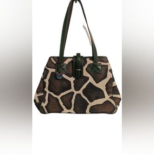 EUC Dooney & Bourke animal print premium canvas and green & red leather vintage